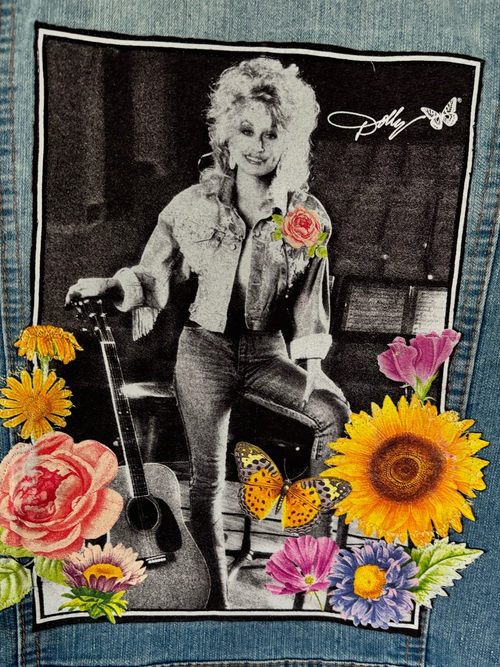 New Look Dolly Pardon Graphic Demin Floral Appliqué Stretch Jean Jacket Medium - Picture 7 of 10